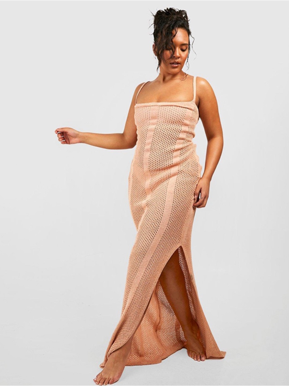 NWT Boohoo Plus Camel Crochet Knitted Maxi Beach side split Dress US 16